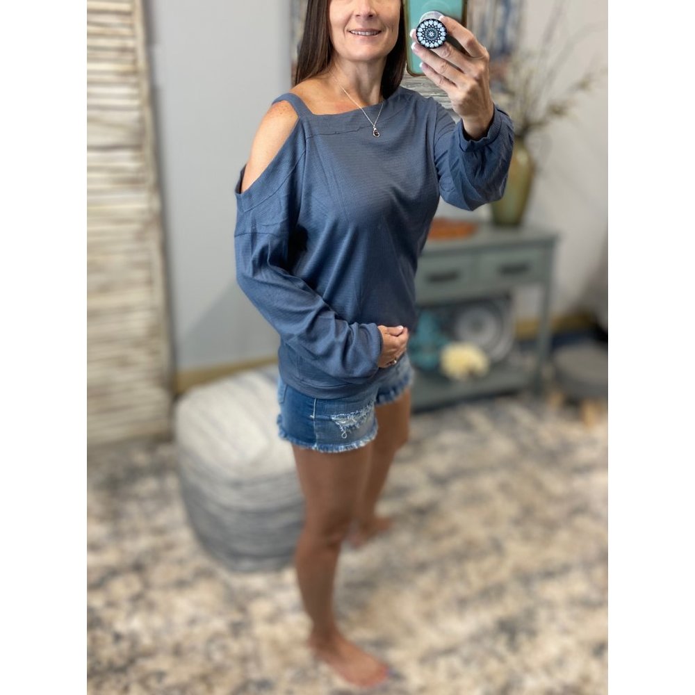 ❤️🔥One Cold Shoulder Cutout Waffle Asymmetrical Long Sleeve Top Blue 4320 - Picture 5 of 8